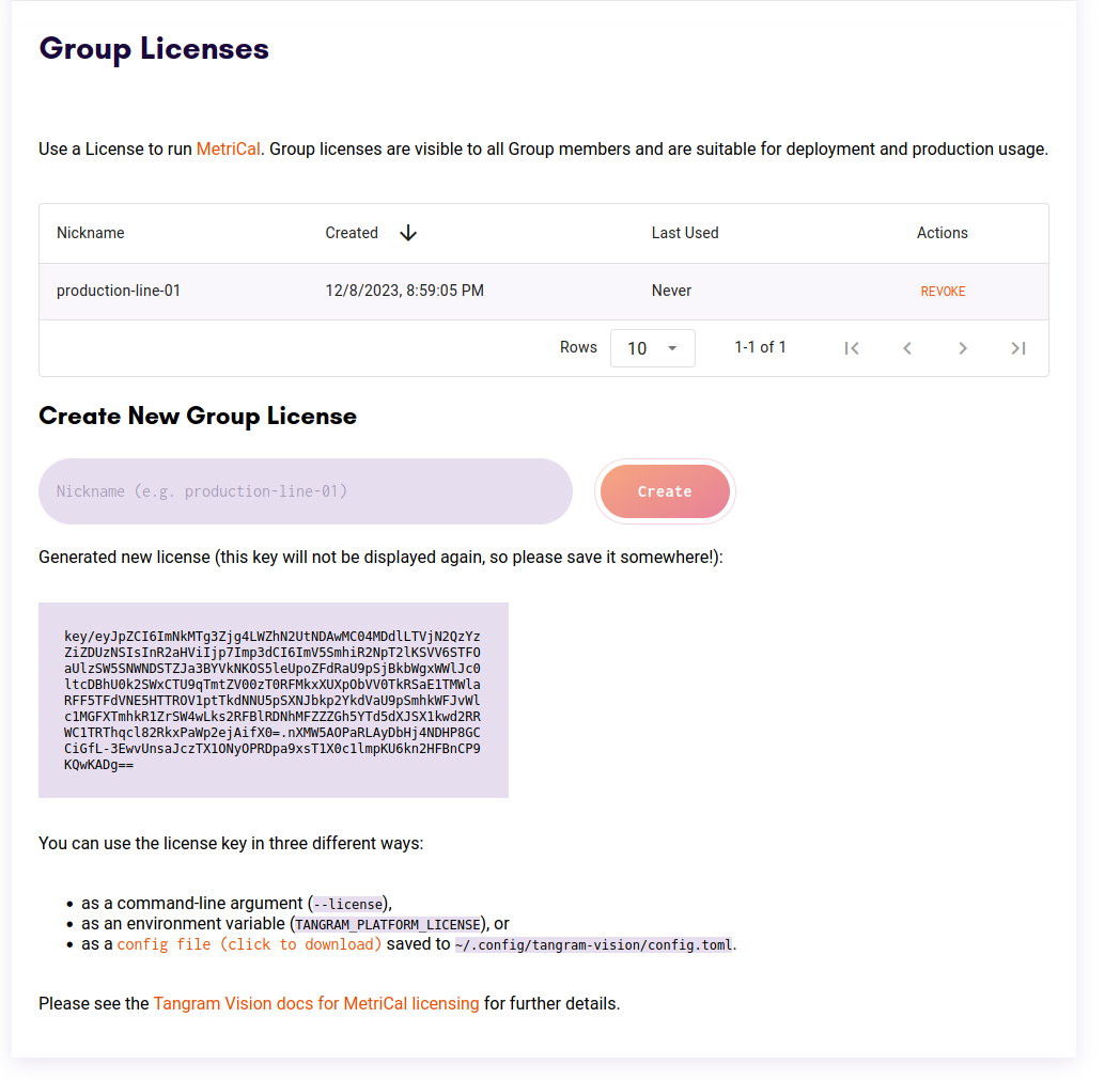 Screenshot of group licenses table and form with a license and usage instructions shown