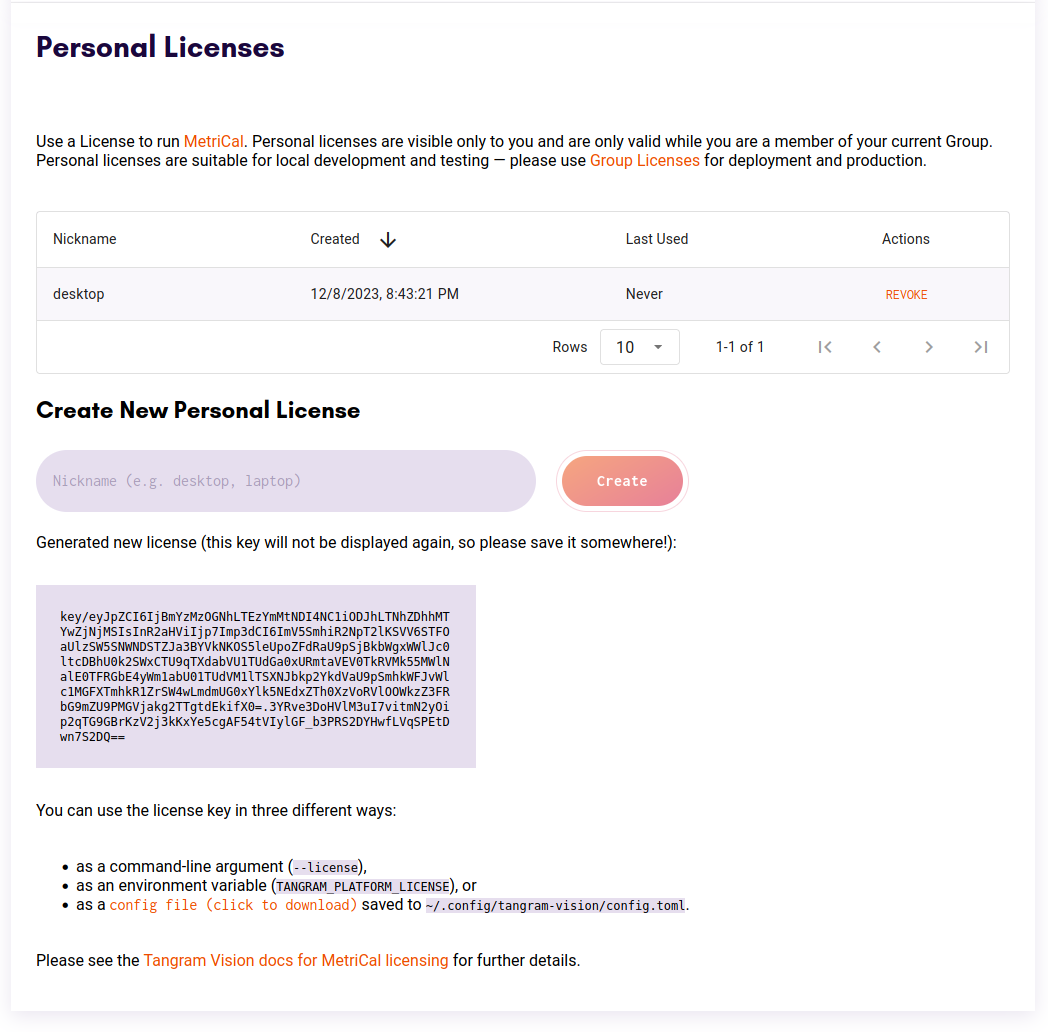 Screenshot of personal licenses table and form with a license and usage instructions shown